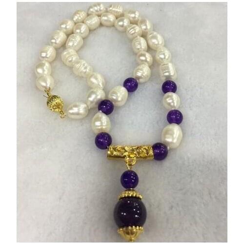 10-11 mm Freshwater Cultured Rice Pearl+ Purple bead Necklace Pendant 12mm