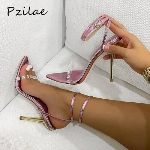 Pzilae New Elegant Bling Crystal Sexy Women Sandals Metal High Heels Buckle Strap Gladiator Ladies Pumps Stiletto Wedding Shoes