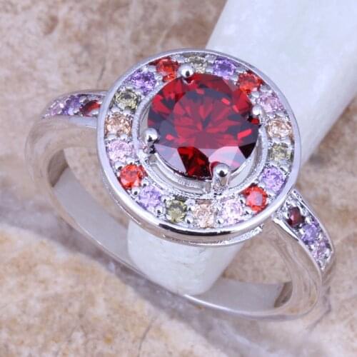 Romantic Multicolor Red Garnet Silver Plated Womens Ring Size 6 / 7 / 8 / 9 R0858