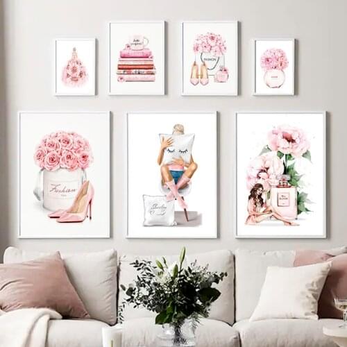 Pink Flower Fashion Girl Paris Perfume Book Bag Wall Art Print Canvas Painting Nordic Poster Wall Pictures For Living Room Decor