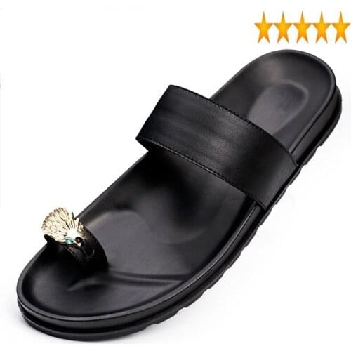 Leather Genuine Fashion Slippers Casual Men Soft Bottom Outside Flat Shoes Black Personality Metal Decoration Summer Male Slides