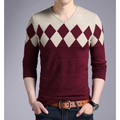 Cashmere Wool Sweater Men 2020 Autumn Winter Slim Fit Pullovers Men Argyle Pattern V-Neck Pull Homme Christmas Sweaters