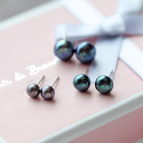 Vintage Fashion Black Pearl Small Earrings Classic 925 Sterling Silver Stud Earrings For Women Cute Bridal Round Wedding Earring