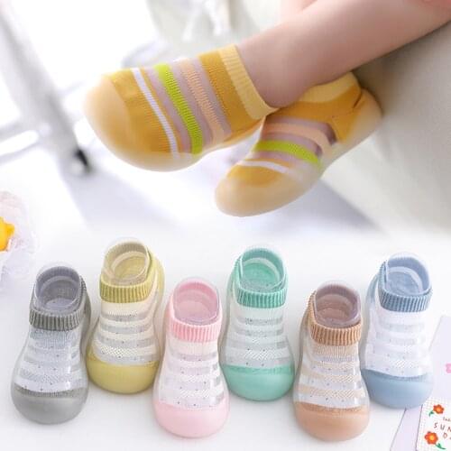 Summer Spring Striped Soft Bottom Non-Slip Floor Socks Solid Color Toddler Girl Boy Shoes with Transparent Rubber Sole Kid Shoes