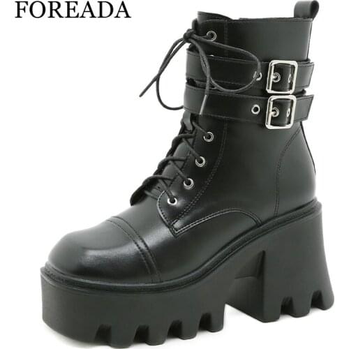 FOREADA Woman Motorcycle Boots Autumn Platform Thick Heel Shoes Super High Heel Square Toe Zipper Ladies Ankle Boots 40 Fashion