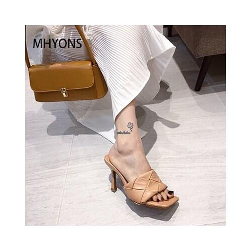 Female Summer Women Sandals 2021New Versatile Andromeda Web Celebrity Crystal with Open-toe One-word Heels Sandalias De Tacon