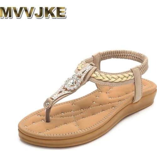 MVVJKE Summer Women Casual Flats Beach Sandals Shoes Woman Bohemia Crystal Flip Flop Ethnic Retro Gladiator Sandals