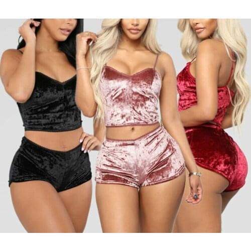 2Pcs Womens Velvet Pajamas Set Sleepwear Sexy Chemise Shorts Nightwear Summer Sling Soft Short Tops +Short Pants Nightwear Set