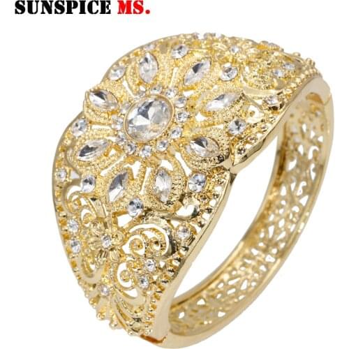 Sunspicems Gold Color Moroccan Bangle Rhinestones Cuff Bracelet for Women Algeria Ethnic Wedding Jewelry DuBai Party Bijoux Gift