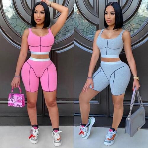 Womens Summer Casual Knitted Rib Shorts Tracksuit Women Sexy Sportswear Tank Crop Top + Biker Shorts Two Piece Set Outfits