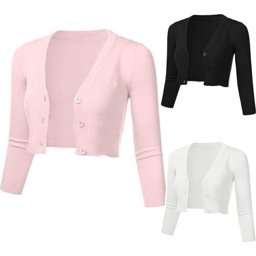 3/4 Sleeve Cropped Short Cardigans Sweater Women Solid Casual Button Down Long Sleeve Coat Autumn Winter Knit Tops Pull Femme