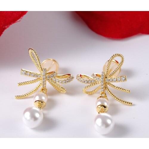 KIVN Fashion Jewelry Dangle Bowknot Ribbon CZ Cubic Zirconia Womens Girls Bridal Simulate Pearl Earrings Birthday Gifts