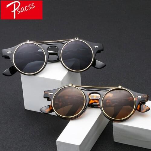Psacss Round Steampunk Sunglasses Women Men Flip Lens Vintage Brand Designer Womens Retro Sun Glasses UV400 gafas de sol mujer