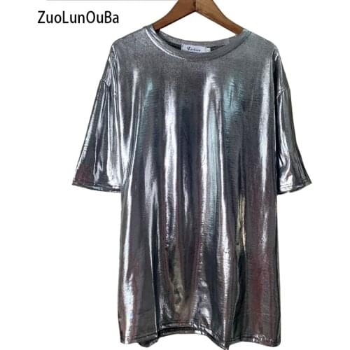 ZuoLunOuBa Summer 2021 Fashion Shiny Women T Shirt Solid Color Loose Long Silver Gray Tees Plus Size Short Sleeve Tops Female