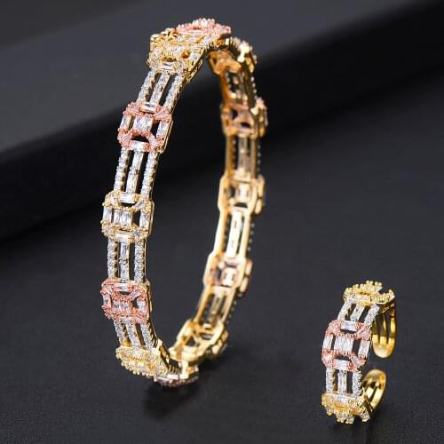 LARRAURI Simple Luxury Jewelry Set Round Gold Color AAA Zircon Copper Ring Bangle For Wedding Womens Banquet Accessories 2019