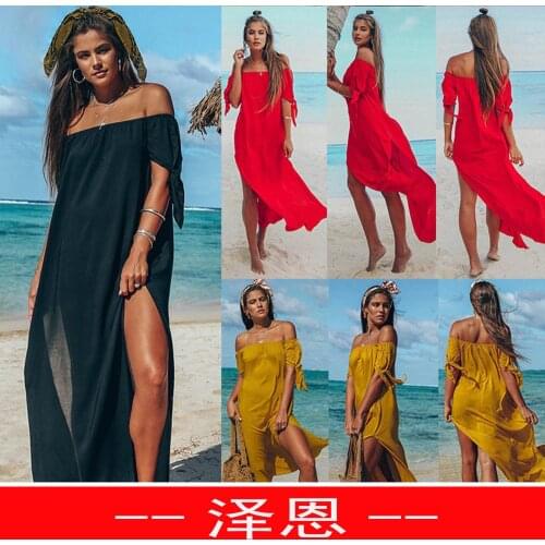 2021 new womens dress with one-line collar, off-the-shoulder slit, irregular large-length one-piece dress
