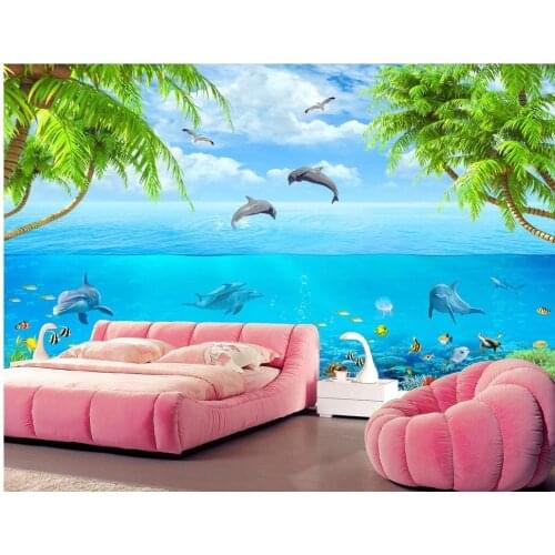 Custom 3d photo wallpaper Beach Dolphin Trees 3d stereoscopic wallpaper Home Decoration photo mural wallpaper