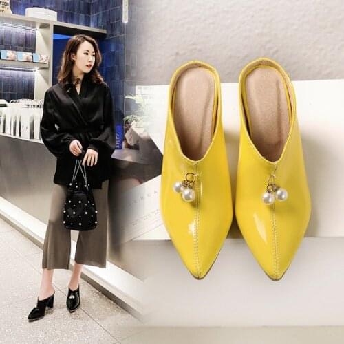 PXELENA 5 Colors Patent Leather Women Chunky Block High Heels Slides Pointed Toe Beads Mules Slippers Ladies Dress Party Shoes