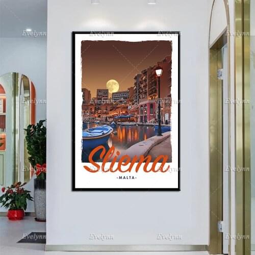 Retro Vintage Style Travel Poster Sliema Malta Oil Painting Posters and Print on Canvas Wall Art Pictures Living Room Home Decor