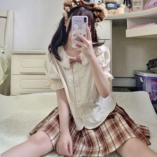 Japanese Doll Collar Lace Stitching Shirt 2021 New Summer All-match Single-Breasted Short-Sleeved Top Women School Girl Uniform