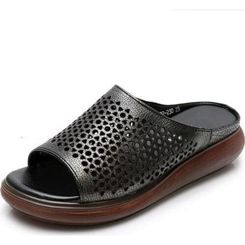 2020 summer cowhide hollow hole sandals comfort non-slip thick bottom wedge sandals fashion leather sandals retro women sandals