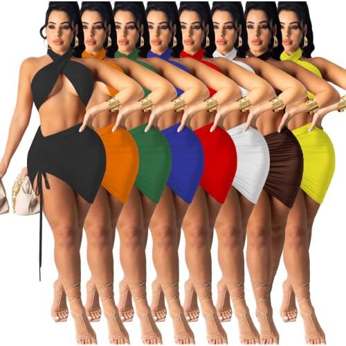 Sexy Matching Sets Skirt Suit Halter Top + Mini Dress Drawstring Streetwear Solid Color Party Night Tracksuit For Women
