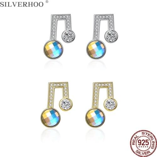 SILVERHOO 925 Sterling Silver Note Color Stud Earrings For Women Austria Crystal Female Cute Earring Anniversary Fine Jewelry