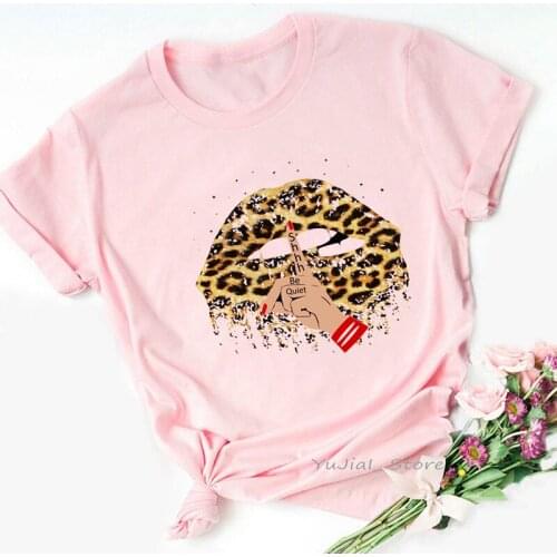 Shhh Be Quiet Leopard Lips Graphic Print Tshirt Women Clothes 2021 T Shirt Female Tumblr Tops Tee Shirt Femme Streetwear