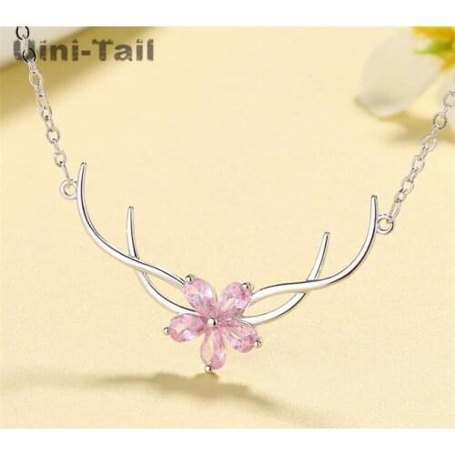 Uini-Tail Hot New Product 925 Sterling Silver Pink Sakura Elk Necklace Trend Fashion Temperament Antler Necklace Christmas Gift