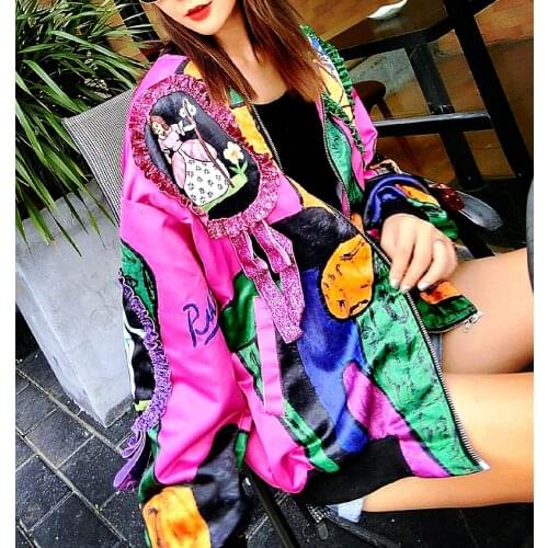 Spring Autumn Casual Coat Bows Patchwork Long Sleeve Women Tops bomber jacket Vogue Colorful Graffiti Print Baseball Coat SL466