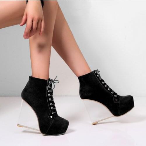 DOBANER Women Platform Boots Leather/ Suede Lace Up Booties Clear Wedges Party Club Botas Ladies Shoes Woman Size 33 38 40 41