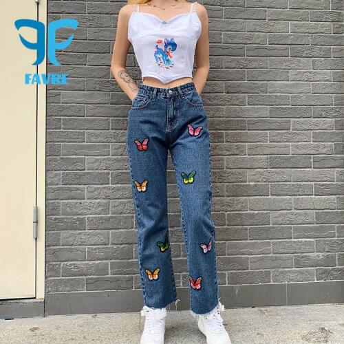 FAVRE Women Jeans Summer High Waist Color Butterfly Embroidered Straight Trousers Cute Girl Womens Denim Casual Baggy Pants