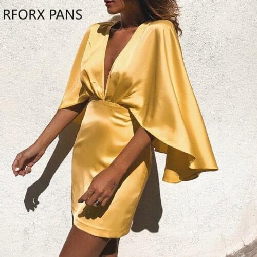 Women Soild Elegant Glamorous Deep V Neck Cape Mini Satin Bodycon Skirt Sets