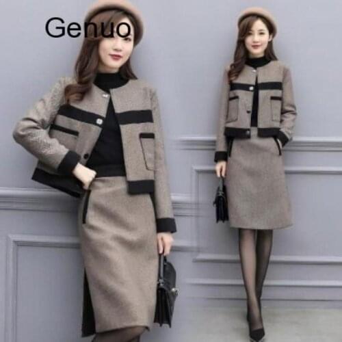 Autumn Women Tracksuits Outfits Femenino Jacket Coat + Skirt 2 Two Piece Set Female Vintage Woolen Suits Sets Clothes