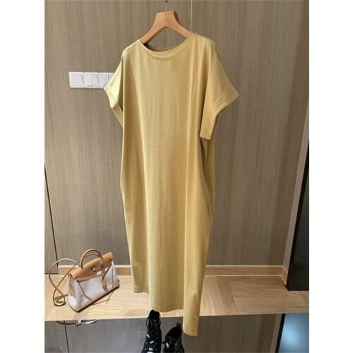 Women Casual Loose Solid Long T Shirt O Neck Midi Dress Batwing Short Sleeve Basic Summer Clothes Vestidos