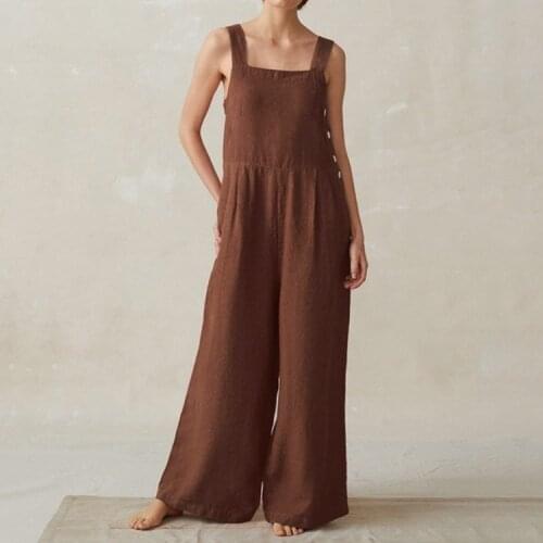 2021 Wide Leg Women Jumpsuit Side Button Pocket Casual Jumpsuit Women Cargo Pants Solid Cotton Linen Lady Jumpsuit Loose 5XL