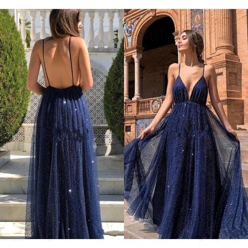 Sparkly Navy Blue 2020 Prom Dresses V-Neck Backless Sequins A-Line Arabic Dubai Formal Evening Party Gowns robe de soriee