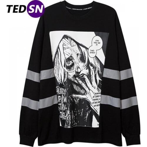 TEDSN Oversized Long Sleeve T-Shirt Tee Manga Anime Clothes Pullover Alternative Clothing Streetwear Men Women Black 2021 Autumn