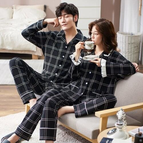 Cotton Pajamas Lapel Cardigan Plaid Sweet Home Suit Sexy Woman Nightie Pajama Set Women Large size Lovers Sleepwear