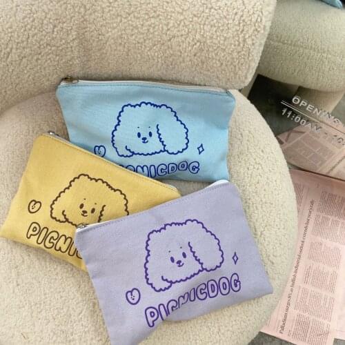 Cartoon Cute Curly Dog Pencil Case Canvas Portable Kawaii Color Hand Bag Girl Cosmetic Stationery Storage Bag School Supplies