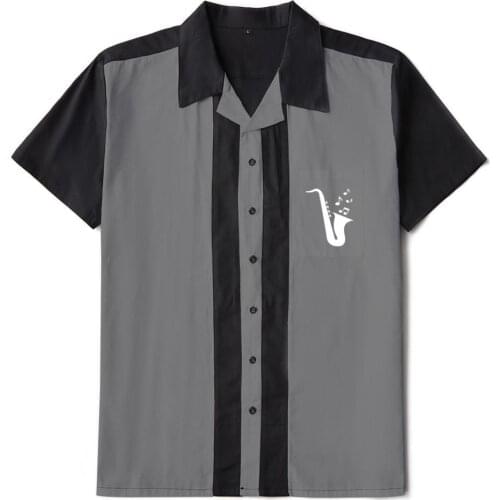 Mens 50s Male Clothing Cotton Men Shirts ST127 Short Sleeve Vintage Fifties Bowling Casual Button-Down Black Shirts