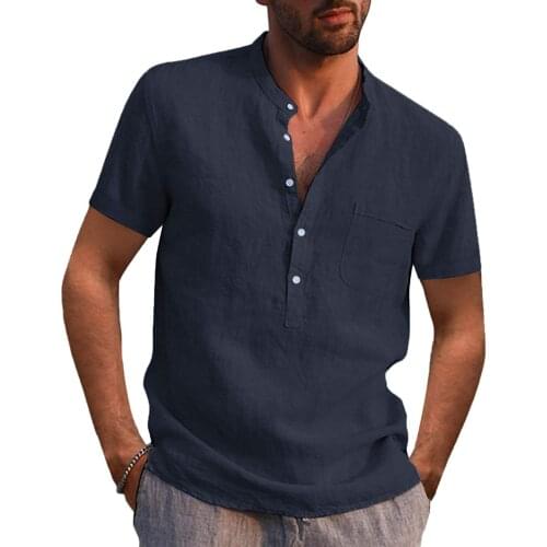 Mens Linen Casual Shirts Summer Short-sleeved Blouse Collarless Standing Collar Solid Color Beach Shirt Tops Man