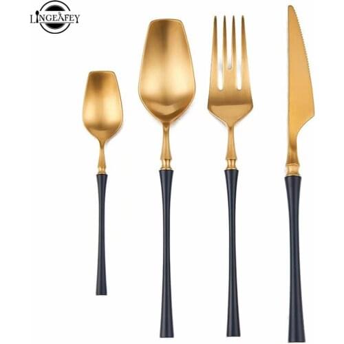 New Black Gold Stainless Steel Cutlery Set Dinnerware Set Korean Kitchen Spoon and Fork Set Portable Kitchen Cutlery Dropshiping