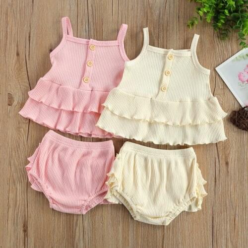 Baby Girl Sleeveless Solid Color Boat Neck Spaghetti Strap Button Tank Top + Shorts