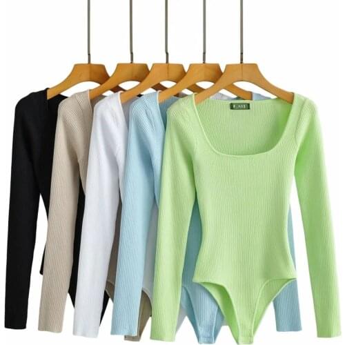 Autumn Winter One Piece Women Knitted Solid Square Collar Long Sleeve Black White Blue Khaki Bodycon Top Bodysuit