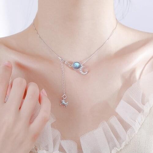 925 Sterling Silver Necklace Lovely Horse Moon Natural Stone Pendant Choker Vintage Classic Zircon Necklace Girl Gift NK012