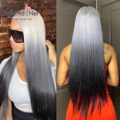 Preferred HD Transparent Lace Wigs Blonde Grey Ombre Human Hair Wig Pre Plucked Straight Lace Front Human Hair Wigs for Women