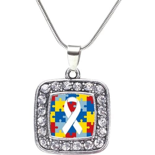 Dropshipping Fashion Alloy Rhodium Plated Crystal Square Ribbon Awareness Puzzle Piece Autism Necklaces For Autistic Gift Custom