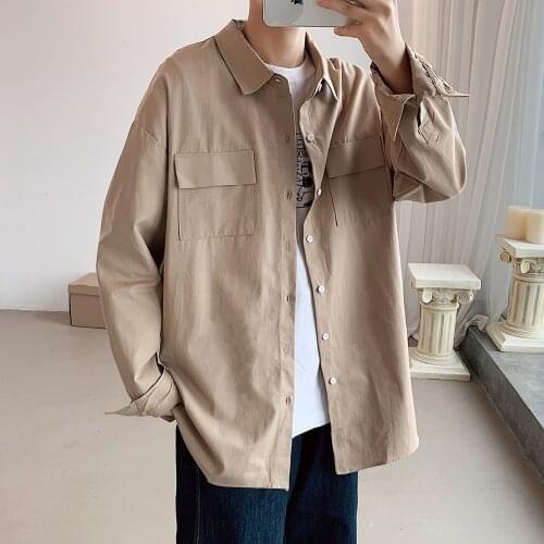 Korean Fashion Mens Shirts Daily Casual Loose Button Down 100% Cotton Khaki White Long Sleeve Two Pocket Shirts 4XL 5XL
