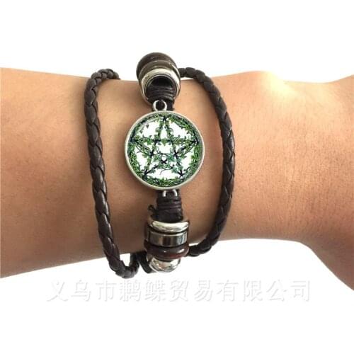 Supernatural Wickedest Pentacle Satanic Bracelet Glass Cabochon Goth Black/Brown Leather Bangle Wiccan Star Best Gifts